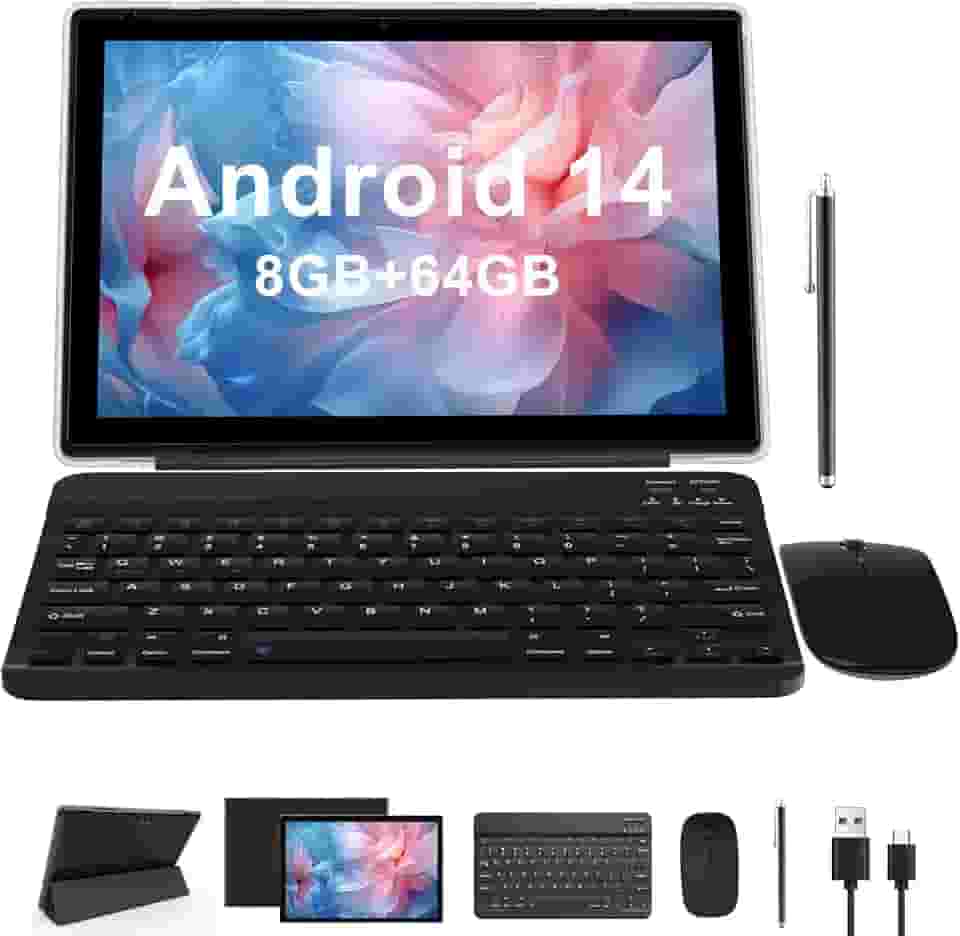 NOVOJOY Tablet 2 Em 1 de 10' Android 12 os Tableta, Tablets com Teclado, Mouse, Estojo, Caneta, 64 Gb Rom + 4 Gb Ram, Câmera Dupla de 2 Mp + 8 Mp, Processador Quad Core, Bateria de 6000 Mah, Guia Fhd