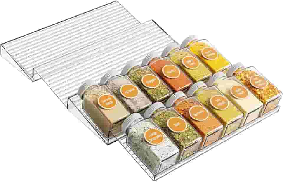 Yieach Organizador de gaveta de especiarias de acrílico de 2 camadas - Organizador de gaveta de temperos expansível de 28 a 55 cm, gaveta de especiarias transparente e prateleira de temperos, jarra