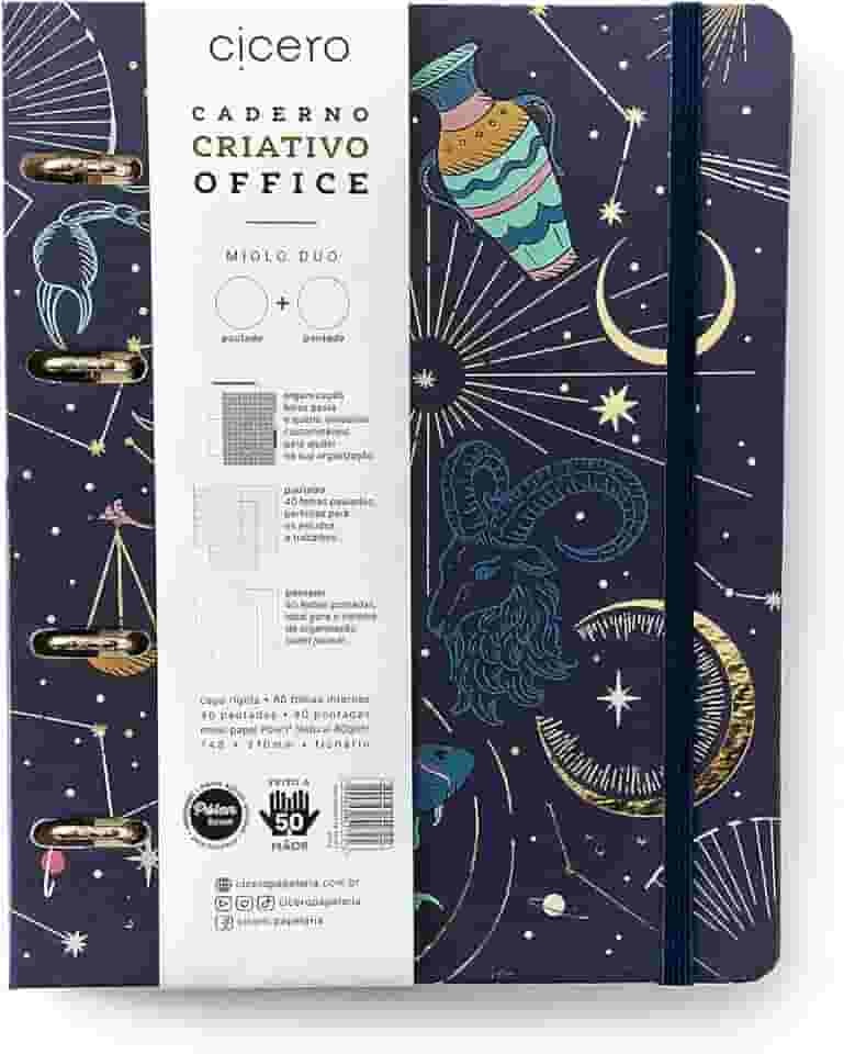 Caderno Criativo Argolado Office Duo Astral Pautado & Pontado A5 Cartas Do Zodíaco Azul, Cicero