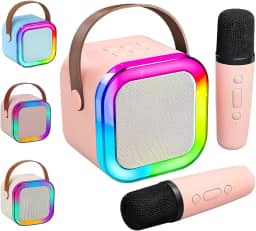 Caixa de Som Karaokê Portátil com 02 Microfones Sem Fio com Luzes LED RGB e Vozes Auto Tune - karaokê Brincadeiras em Família (Cores Aleatórias Conforme Disponibilidade)