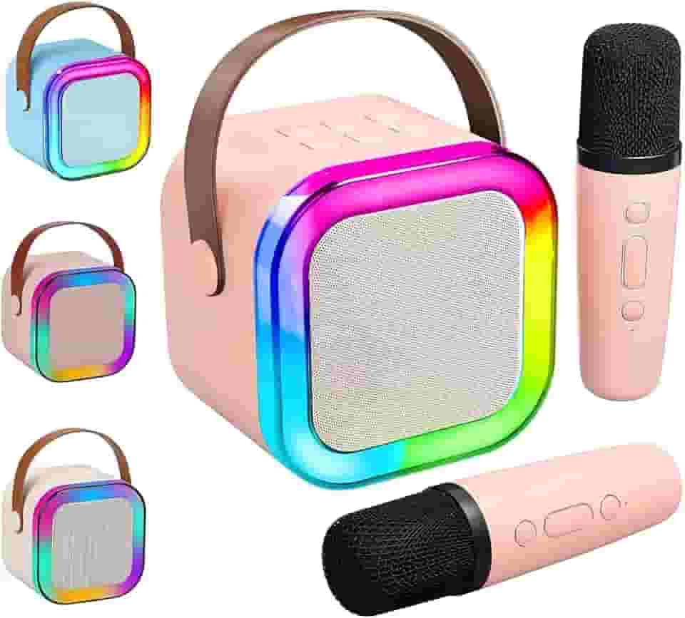 Caixa de Som Karaokê Portátil com 02 Microfones Sem Fio com Luzes LED RGB e Vozes Auto Tune - karaokê Brincadeiras em Família (Cores Aleatórias Conforme Disponibilidade)