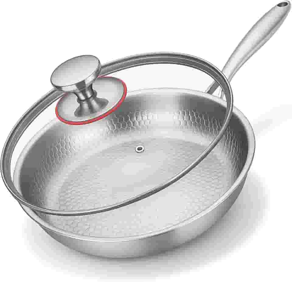Panela martelada de titânio Pro com tampa, frigideiras antiaderentes de titânio 2025 para cozinhar, ultraduráveis, resistentes a arranhões e até mesmo aquecidas, compatíveis com todos os