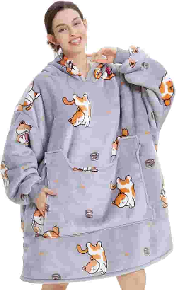 Cobertor vestível com capuz, cobertor de moletom de lã de ovelha grande com bolso e mangas, cobertor com capuz quente aconchegante para adultos