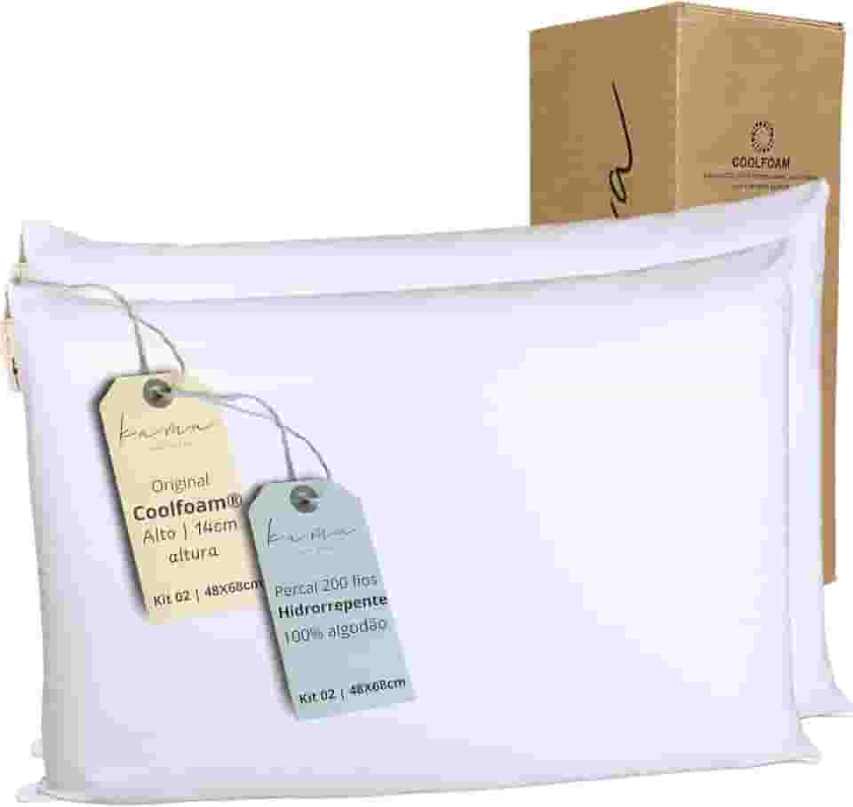 Kama Kit 2 Travesseiros Viscoelásticos Premium Original Coolfoam® - Classic Percal 200 Fios - Alto 14cm, capa hidrorrepelente removível, lavável, hipoalergênico