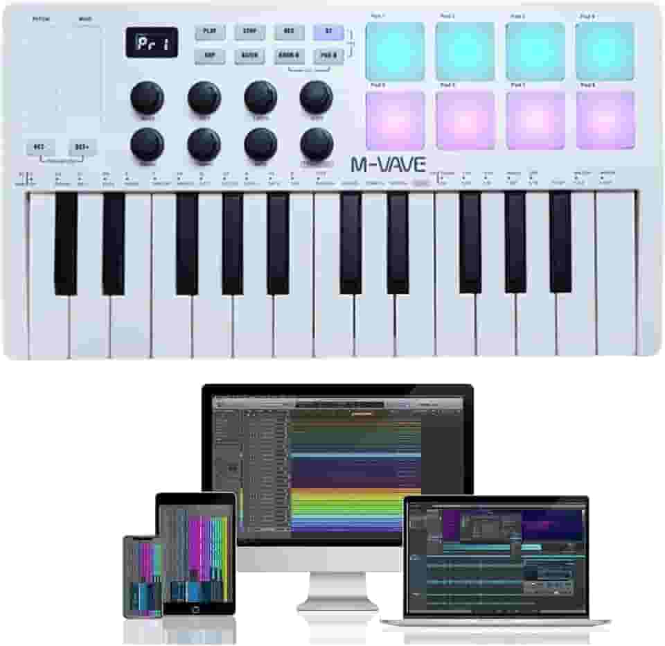 Controlador de teclado MIDI USB M-WAVE de 25 teclas com 8 pads de bateria retroiluminados, teclado dinâmico profissional semipesado Bluetooth, 8 botões e produção musical, software incluído (branco)