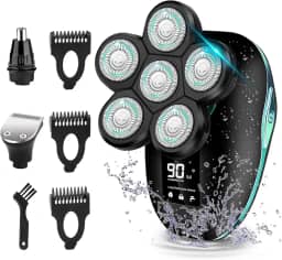 Sakioo Barbeador de cabeça, barbeador elétrico 6 em 1 para homens carecas, lâmina rotativa sem fio impermeável IPX7 com tela de LED, barbeador de cabeça facial com aparador de costeletas de pelos do