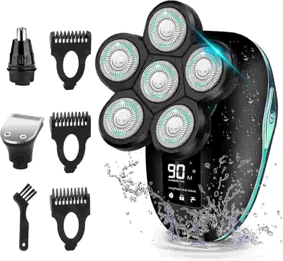 Sakioo Barbeador de cabeça, barbeador elétrico 6 em 1 para homens carecas, lâmina rotativa sem fio impermeável IPX7 com tela de LED, barbeador de cabeça facial com aparador de costeletas de pelos do