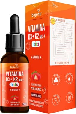 Vitamina D3 + K2 MK-7 Kids, em Gotas, D3 2000UI | K2 100mcg, sabor morango, 20ml, Biogens