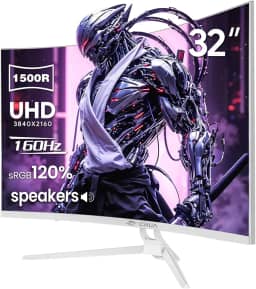 CRUA Monitor de jogos curvo de 32 polegadas, tela VA 144Hz/160Hz 4K UHD (3840 * 2160P) 1500R, suporta AMD Freesync, 120% sRGB, alto-falantes embutidos, iluminação RGB, instalações montáveis na parede
