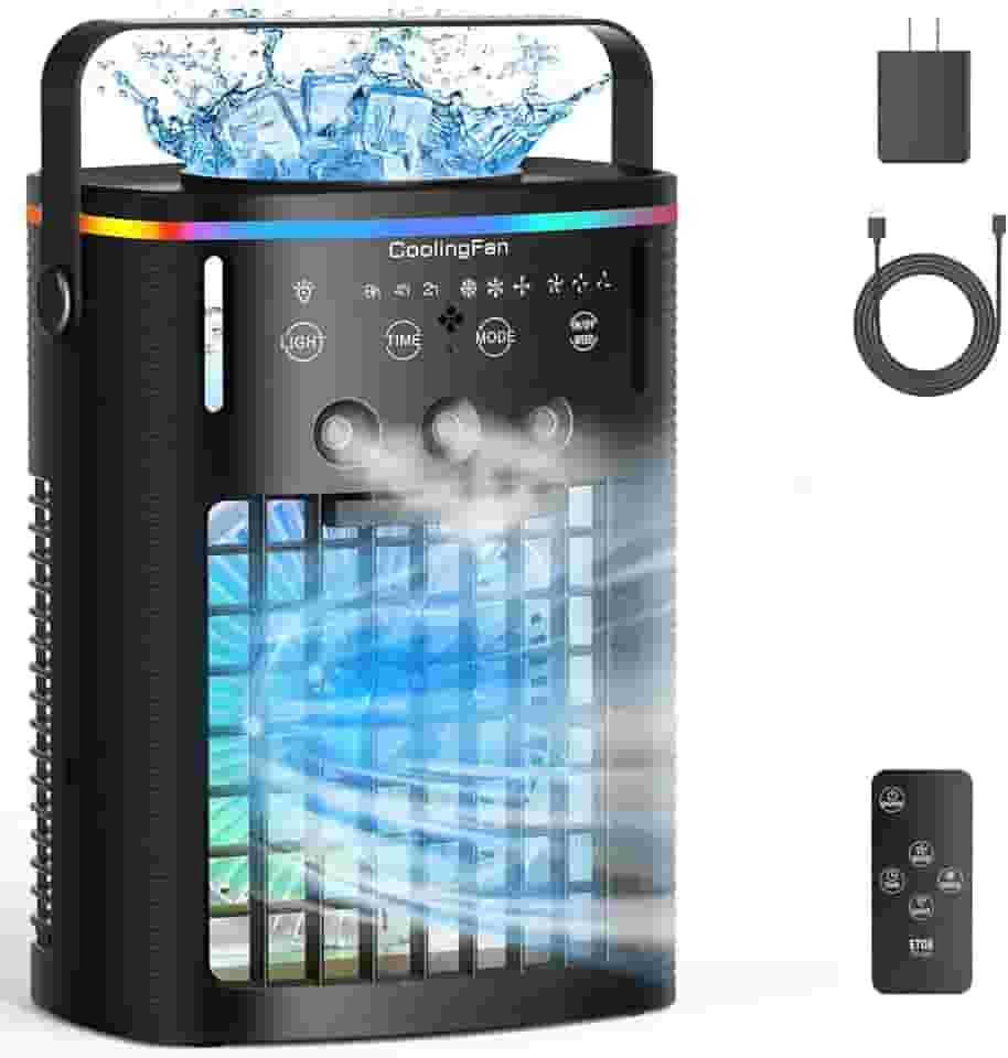 Ar Condicionado Portátil, Mini Ar Condicionado Portátil com Controle Remoto, 3 Velocidades e 3 Névoas, Temporizador 2-8H e Refrigerador de Ar Evaporativo de 7 Luzes, Ventilador de Ar