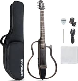 SONICAKE Guitarra acústica-elétrica portátil corpo de mogno maciço, molduras fáceis de montar, pré-amplificador sim de várias formas de corpo, capa e acessórios