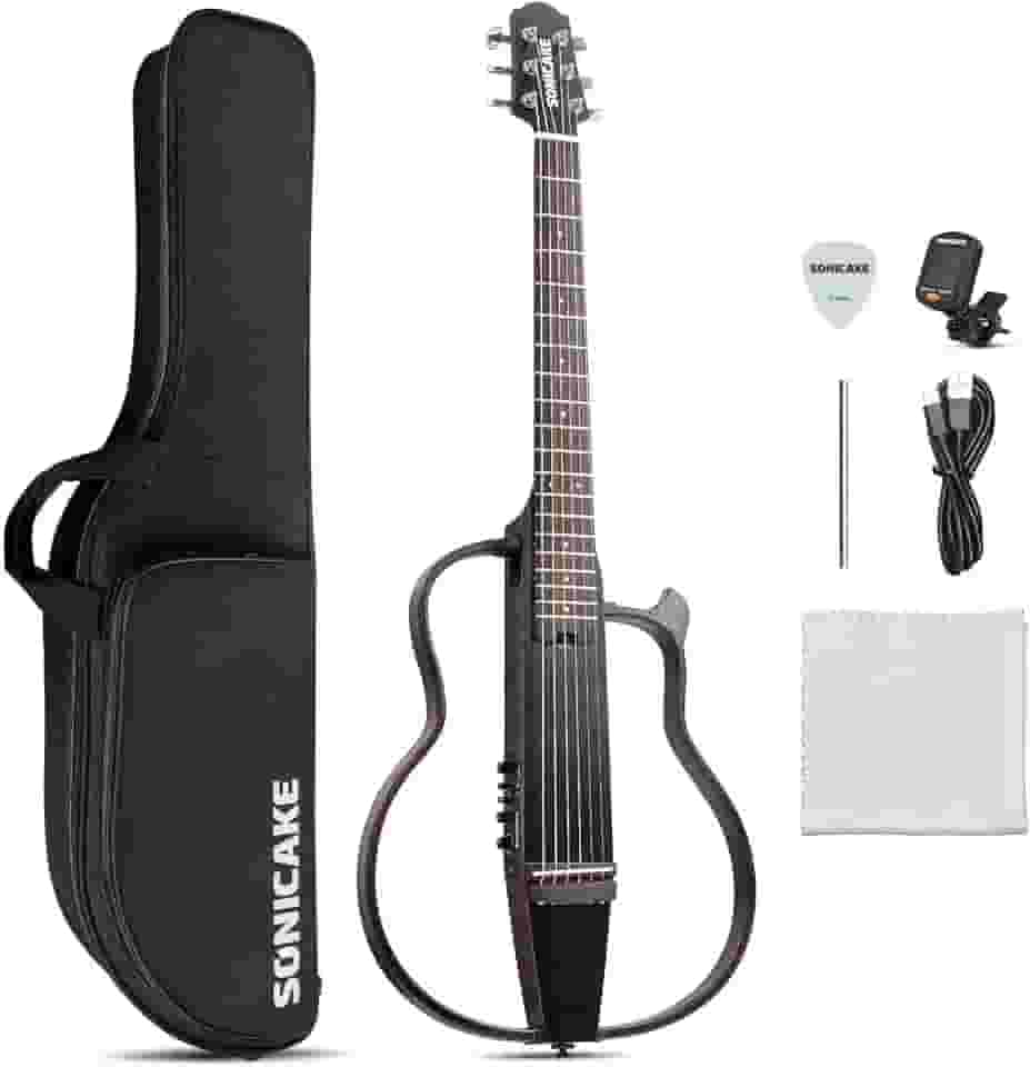SONICAKE Guitarra acústica-elétrica portátil corpo de mogno maciço, molduras fáceis de montar, pré-amplificador sim de várias formas de corpo, capa e acessórios