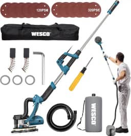 WESCO Lixadeira de parede elétrica 750W com sistema de vácuo automático de mangueira de poeira 6 velocidades variáveis extensíveis alça de alumínio luz LED bolsa coleção poeira 12