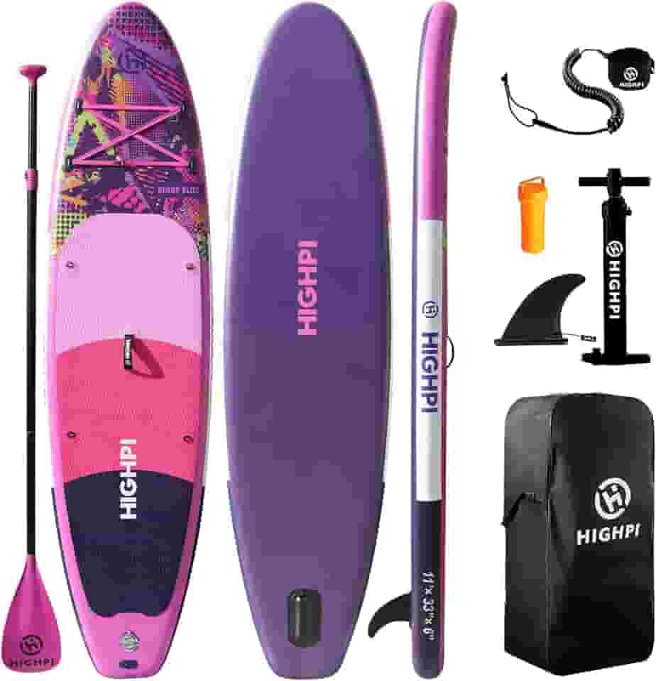 Highpi Tábuas infláveis de stand up, 26 x 81 x 15 cm, SUP com acessórios mochila antiderrapante, coleira, remo e bomba de mão, prancha de remo rosa para jovens e adultos