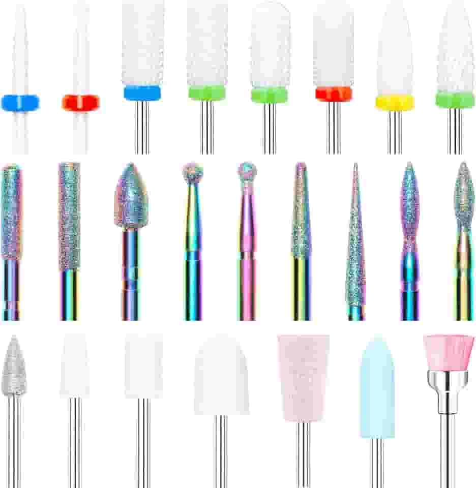 modelones Conjunto de Brocas para Unhas de 24 Unidades, Brocas para Unhas de Carboneto de Diamante Cerâmico de 3/32”, Kit de Brocas para Unhas de Gel Acrílico, Brocas Removedoras de Cutículas para Pó de Imersão Em Gel Acrílico, Manicure e Pedicure