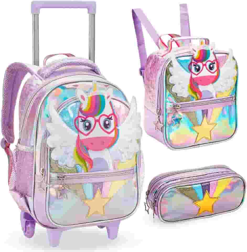 Kit Mochila Com Rodinhas Estojo Lancheira Feminina Infantil