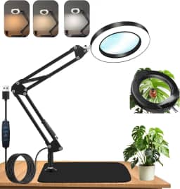 Luminária LED de Mesa com Lupa e Anel Iluminado - Braço Ajustável, Controle de Intensidade e Garra (Preta) para Streaming/Make