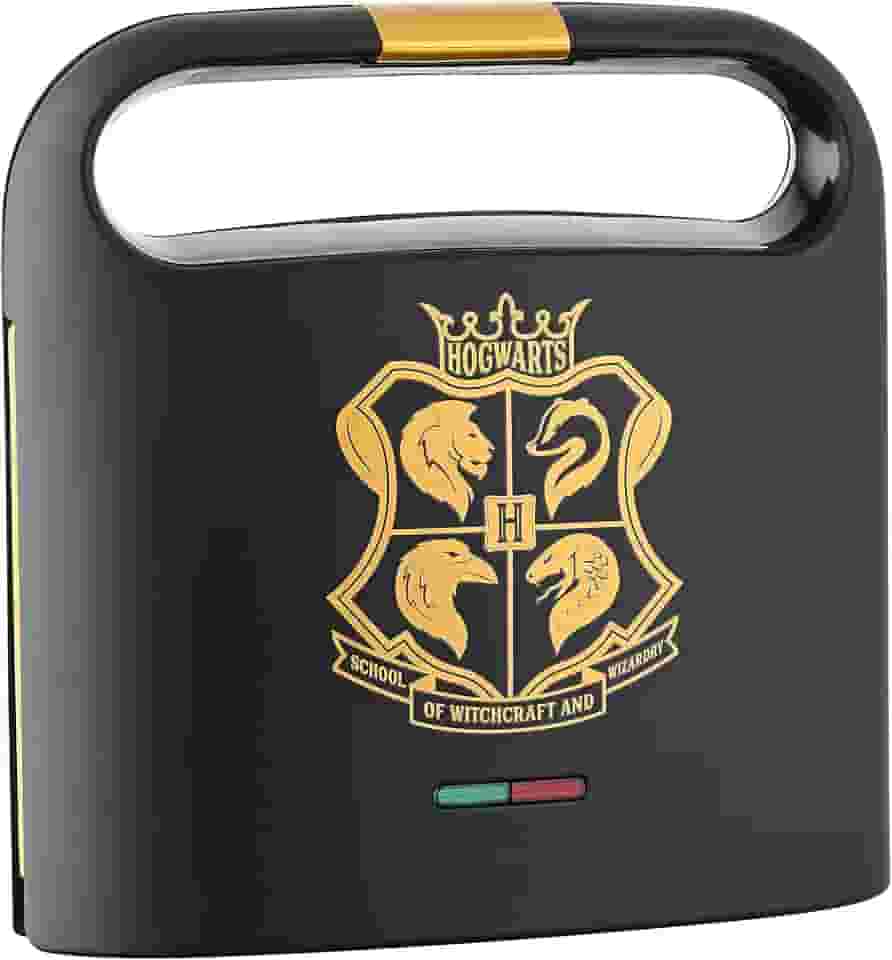 Harry Potter Máquina De Sanduíche Dupla Warner Brothers Da Select Brands - Placas Cozimento Revestidas Cerâmica Com Brasão Hogwarts E Copos Em Sanduíches Tostados, Preto Dourado, Wbh-100Sm