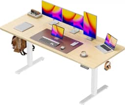 Huuger Mesa elétrica grande de 150 x 71 cm, mesa de computador com altura ajustável, mesa de 70 cm de profundidade, mesa de escritório para jogos de pé com 2 ganchos, 3 alturas predefinidas, para
