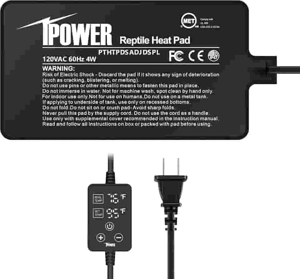 iPower Almofada de aquecimento de répteis de 10 x 18 cm 4 W com termostato ajustável, tapete térmico de terrário para aquecedor sob o tanque para tartarugas/cobras/lagartos/sapos e outros répteis