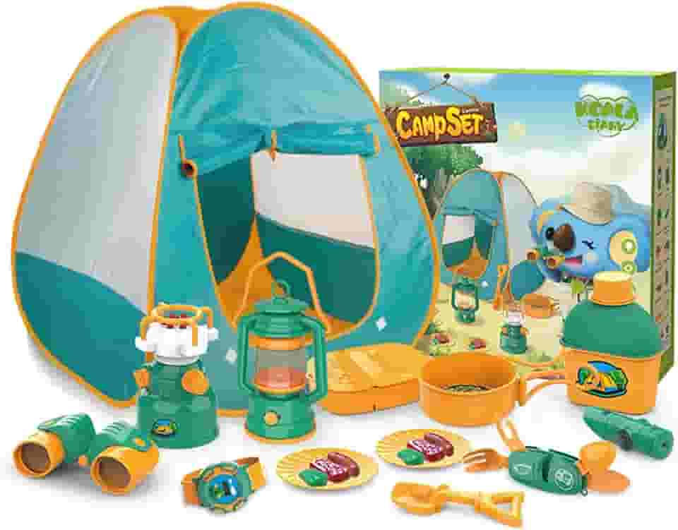 Conjunto de barraca de acampamento para crianças | Barraca de brinquedo pop-up com ferramentas de equipamentos de acampamento, inclui tenda de acampamento infantil, fogueira de acampamento, lâmpada de óleo, comida de conta para idades 3+ Xiaoguozi