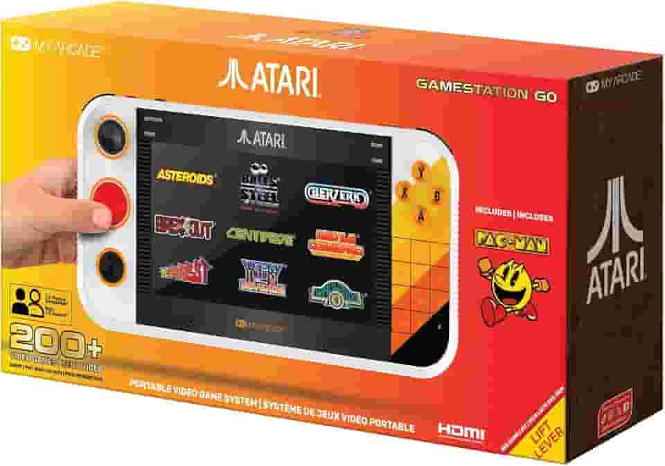 My Arcade Atari Gamestation Go: bateria recarregável, mais de 200 videogames retrô pré-carregados, incluindo Pac-Man, Atari: recarregada e bolas de aço, WiFi, Smartglow, tela de 7 polegadas,