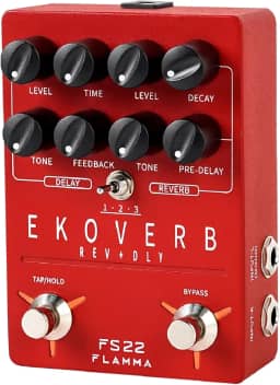 FLAMMA Pedal de efeito combo FS22 Stereo Delay & Reverb Combo Pedal de guitarra ambiente com 3 pares de efeitos combo atraso reverso brilho reverb Tap Tempo Freeze Trail On Função