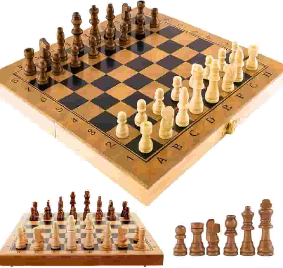 Tabuleiro de Xadrez 3 em 1 em Madeira 30x30cm — Xadrez, Dama e Gamão | Dobrável, Portátil e Elegante | Jogo de Estratégia para Todas as Idades