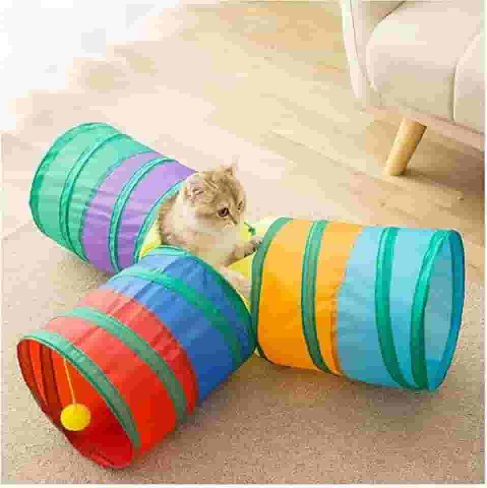 Brinquedo Interativo para Gatos Pets Tunel com Bolinha – Portátil Dobrável com 3 Saídas em T para Gatos Estímulo, Diversão, Exercício e Aventura Túnel Colorido