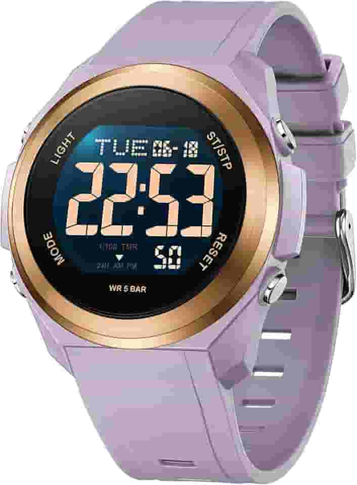 Relógios femininos com luz traseira digital LED com visor duplo de fuso horário, alarme, cronômetro, ultrafino, colorido