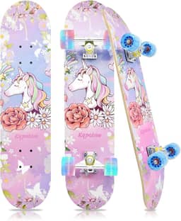 Skates padrão com rodas coloridas piscando para iniciantes, crianças, adolescentes, skate completo de bordo de 7 camadas para meninas e meninos, 78,7 cm x 19,8 cm, skate infantil côncavo com