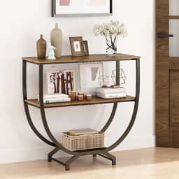 Mesas de Entrada, Mesa de Apoio Semicircular, Mesa de Canto para Sala com Prateleiras de Armazenamento, Adequado para Entradas, Corredores e Cantos de Salas de Estar, Marrom