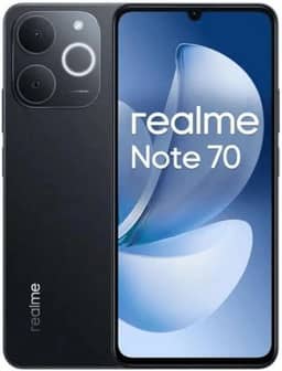 Smartphone Realme Note 70 RMX5313 8GB de RAM / 256GB. Bateria de 6300mAh e tela de 6,74" 90Hz HD+, IP54 com Resistência Militar a impactos. Cor Obsidian Black (Preto). Global Anatel
