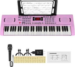 Teclado de piano elétrico, teclado digital de 61 teclas para piano com alto-falante e suporte para partituras, presente para crianças iniciantes na educação infantil, rosa