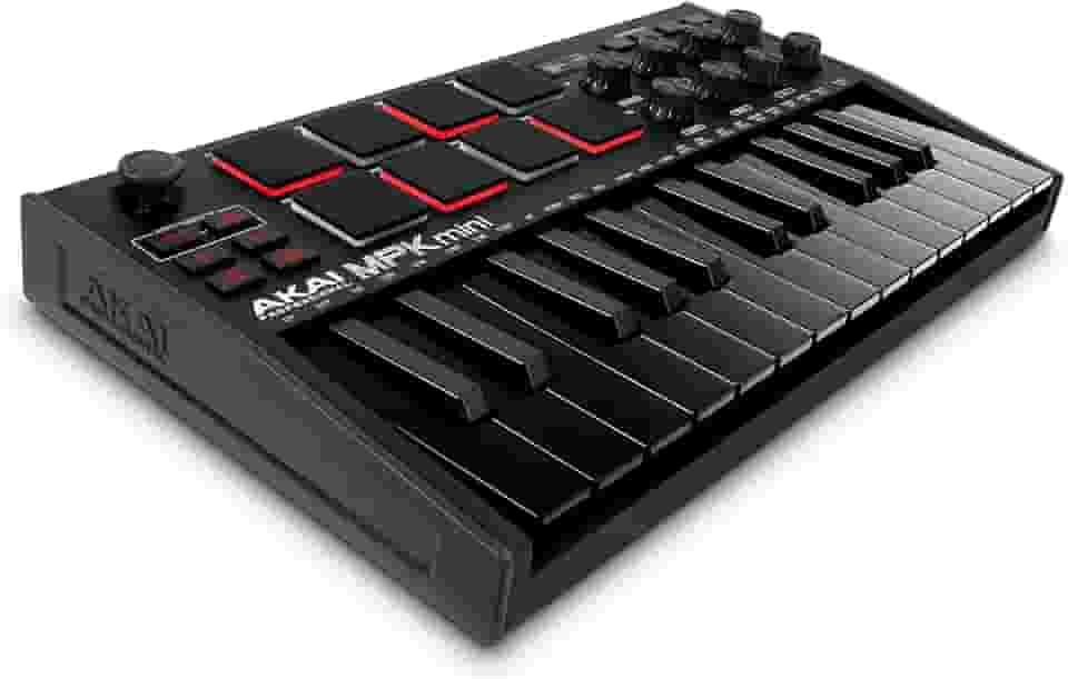 Akai Professional MPK Mini MK3 - Controlador de Teclado MIDI USB com 25 Teclas, 8 Pads de Bateria Iluminados, 8 Knobs, Software de Produção Musical e Pacote de Sons da Native Instruments, Preto