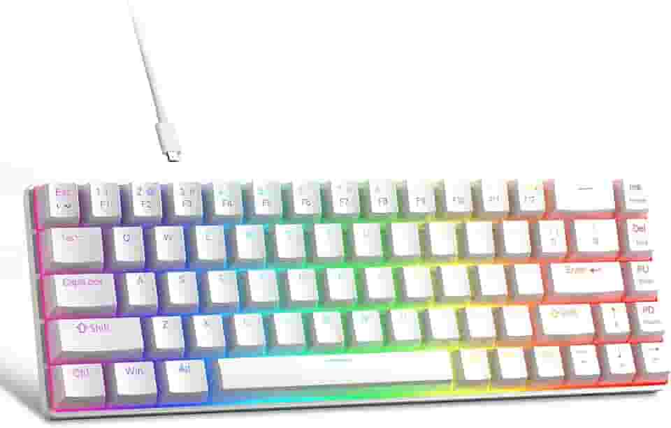 MageGee Teclado portátil 60% mecânico para jogos, interruptor vermelho, teclas PBT Pudim, RGB retroiluminado, compacto, 68 teclas, mini teclado de escritório com fio para Windows Laptop PC - Branco