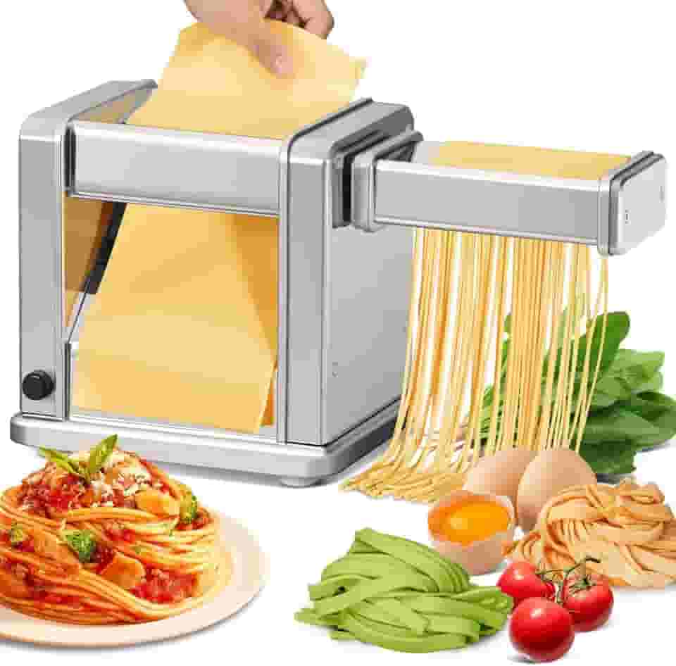 Maxceysen Máquina elétrica de macarrão de aço inoxidável com rolo e cortador ajustável de 7 espessuras e 2 larguras para espaguete, fettuccini, lasanha, massa de torta, bolinho de massa, wonton