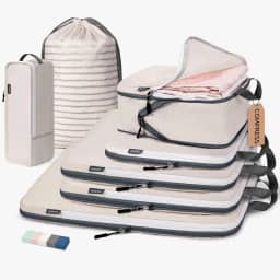 CherryNow Cubos de compressão, 7 conjuntos de sacos de viagem para viagem, itens essenciais de viagem para mochila, cubos de embalagem para compressão de viagem, bege