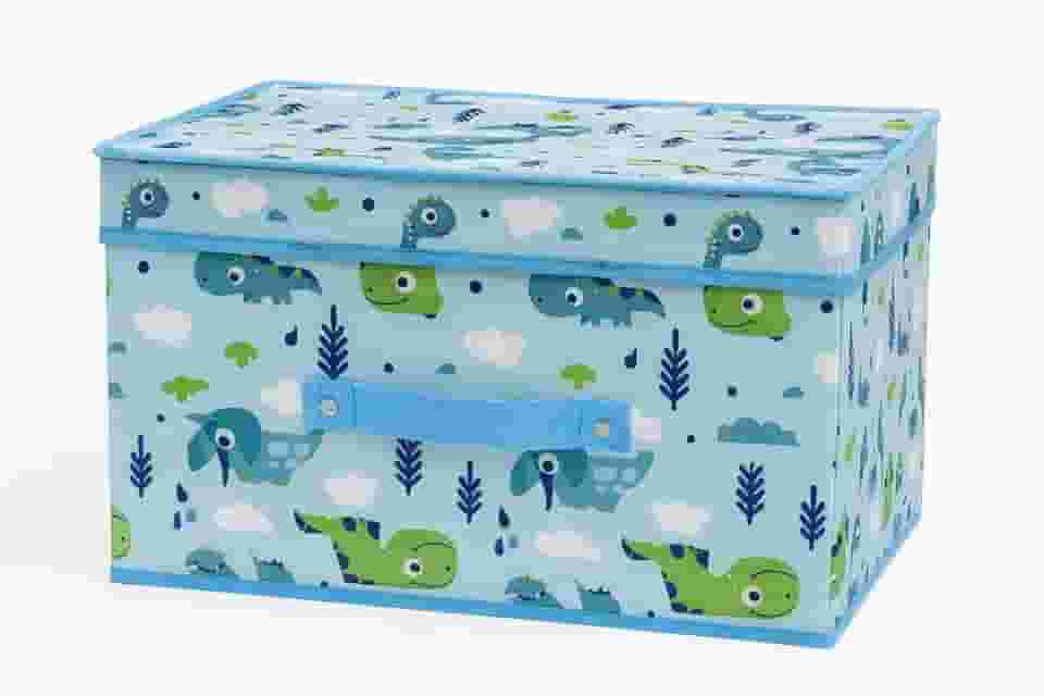 Caixa Organizadora Infantil com Tampa, Estampa Dinossauros, Dobrável para Brinquedos e Acessórios, Azul