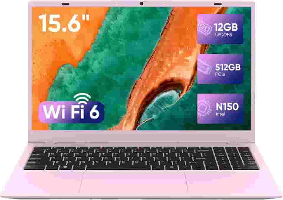 INHONLAP Laptop rosa, processador N150, até 3,6 GHz, 12 GB RAM SSD 512B, laptop com tela FHD IPS de 15,6 polegadas, WiFi 6, BT 5.2, webcam, USB-C, bateria de longa duração