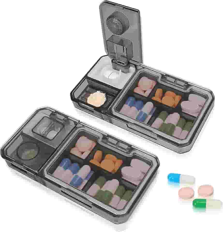 Organizador de pílulas, caixa de comprimidos 3 em 1 com cortador e moedor de remédios, pequena caixa organizadora de medicamentos, organizador de comprimidos diário portátil para viagem-Lene