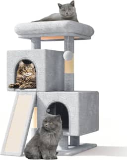 Athena Collection Árvore de gato pequena, moderna torre de árvore de gato fofa de 86 cm com poste arranhador, 2 plataformas de atividades em condomínio e bola de jogo para uso interno, cinza claro