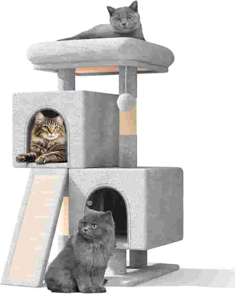 Athena Collection Árvore de gato pequena, moderna torre de árvore de gato fofa de 86 cm com poste arranhador, 2 plataformas de atividades em condomínio e bola de jogo para uso interno, cinza claro