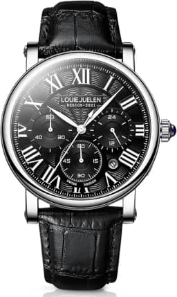 Relógio masculino de aço inoxidável com submostradores de negócios, multifunções com movimento de quartzo, cronógrafo, algarismos romanos, calendário analógico, data, pulseira de couro à prova d'água, relógio formal para presente para homens