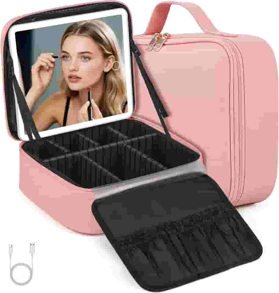 Gavzrt 26 * 23 * 10 cm Bolsa de Maquiagem com Espelho e Luz LED de 3 Cores, Maleta Organizadora Makeup Case Portátil, Bolsa de Maquiagem Grande de Viagem, Organizador de Maquillaje, Carregamento USB