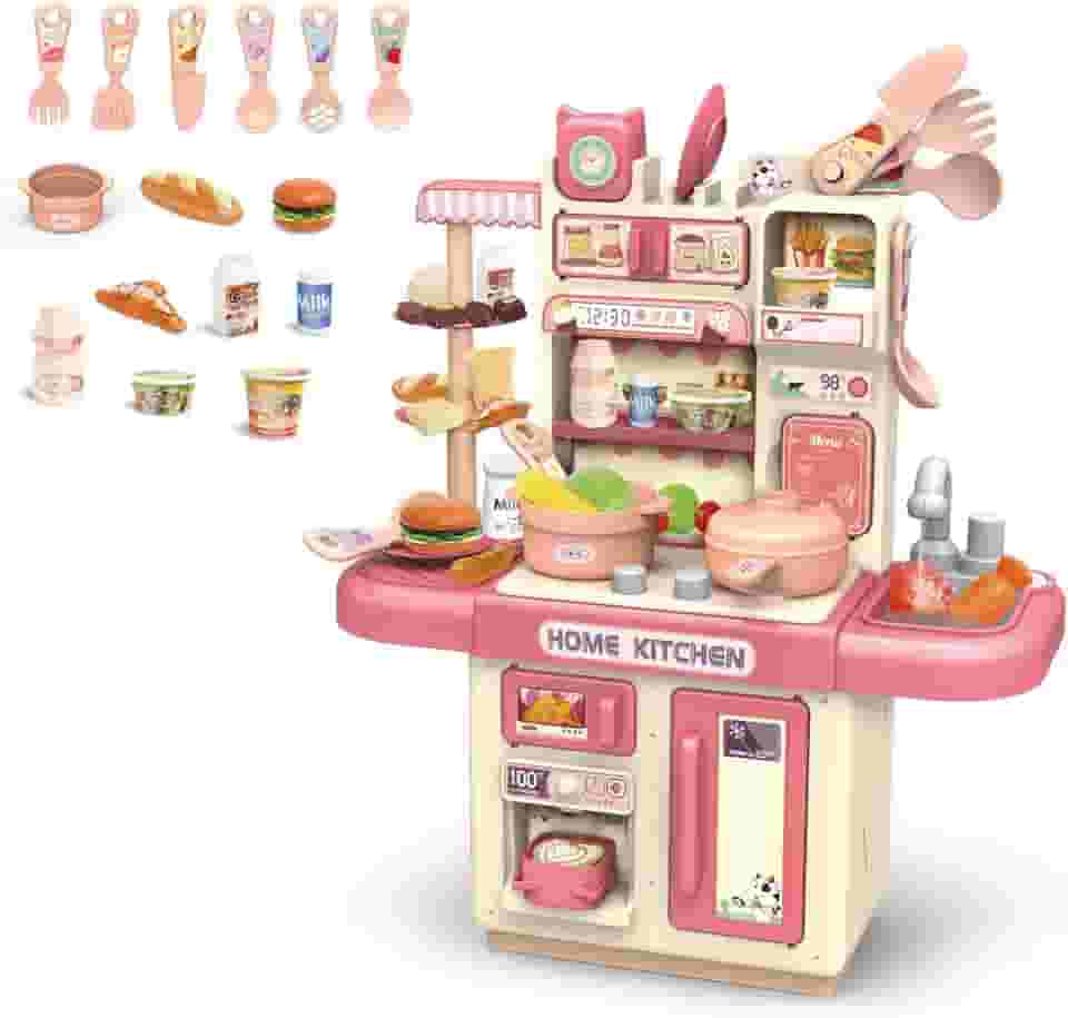 Cozinha Infantil Brinquedo com Som 33 Acessórios Sai Água de Verdade (Rosa)