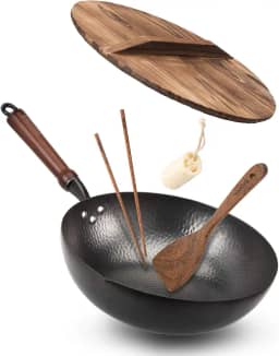 BIELMEIER Frigideira Wok de 32 cm, frigideiras e frigideiras com tampa, wok de aço carbono com acessórios de panela, fundo plano para todos os fogões