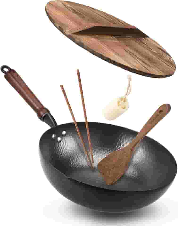 BIELMEIER Frigideira Wok de 32 cm, frigideiras e frigideiras com tampa, wok de aço carbono com acessórios de panela, fundo plano para todos os fogões