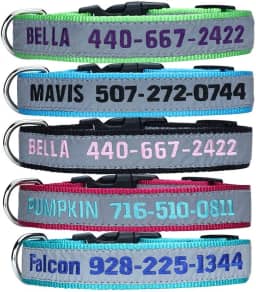 LovelyDog Coleira de identificação de cachorro personalizada bordada, 4 tamanhos ajustáveis: extra-pequeno, médio, grande com telefone de nome de cachorro #, coleiras refletivas para cães de estimação para meninos e meninas, PP M G GG