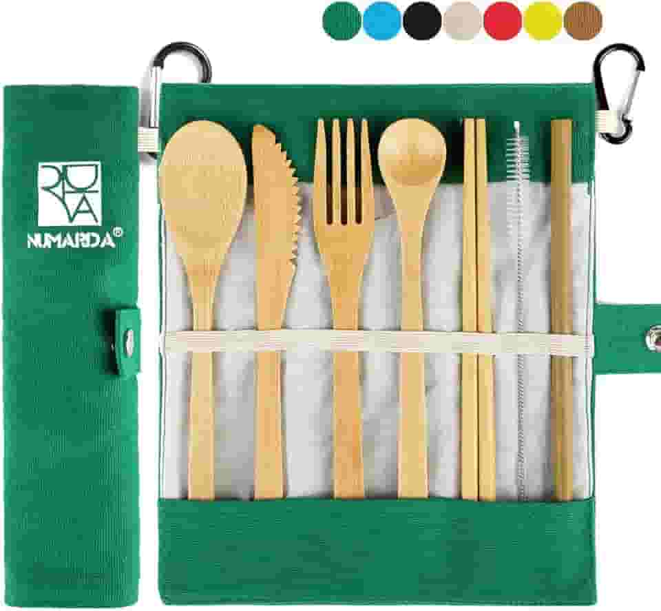 Conjunto de talheres de bambu | Conjunto de talheres ecológicos | Conjunto de talheres de bambu | utensílios de viagem de bambu | Conjunto de utensílios de acampamento | Conjunto de utensílios portáteis, Verde
